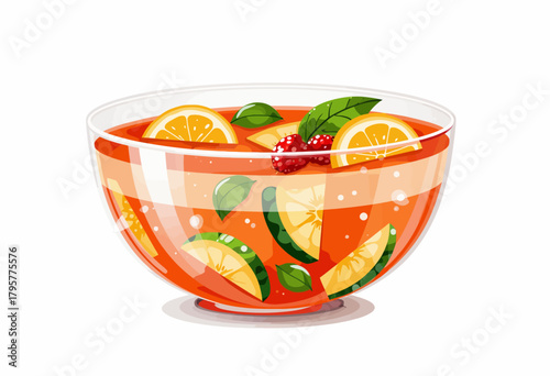Refreshing Citrus Punch Bowl with Lemon Slices, Berries, and Fresh Mint in Glass Container for Summer Party Beverage Display