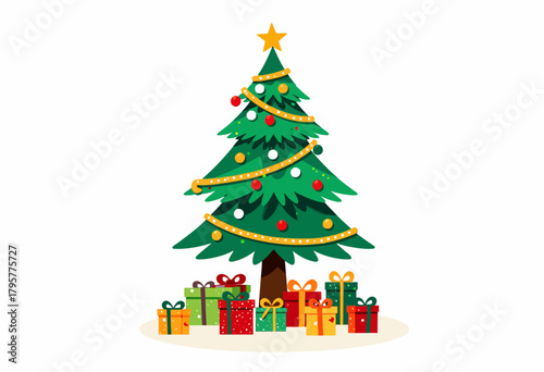 Festive Christmas Tree with Brightly Wrapped Gifts and Ornaments Adorning Lush Green Branches in a Holiday Decorated Room for Seasonal Celebration