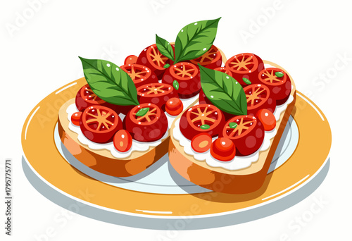 Illustration of Two Savory Open-Faced Sandwiches with Fresh Tomatoes and Basil on a Plate