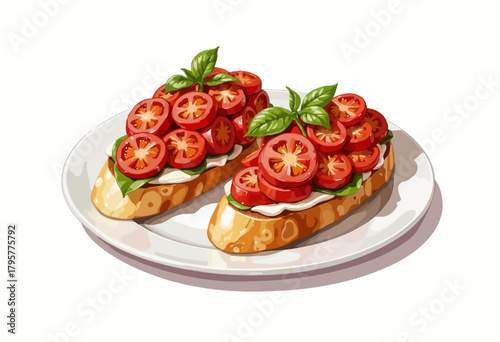 Delicious toasted bruschetta topped with fresh tomato slices, vibrant green basil, and creamy cheese on a pristine white plate, promising a perfect Italian appetizer experience.