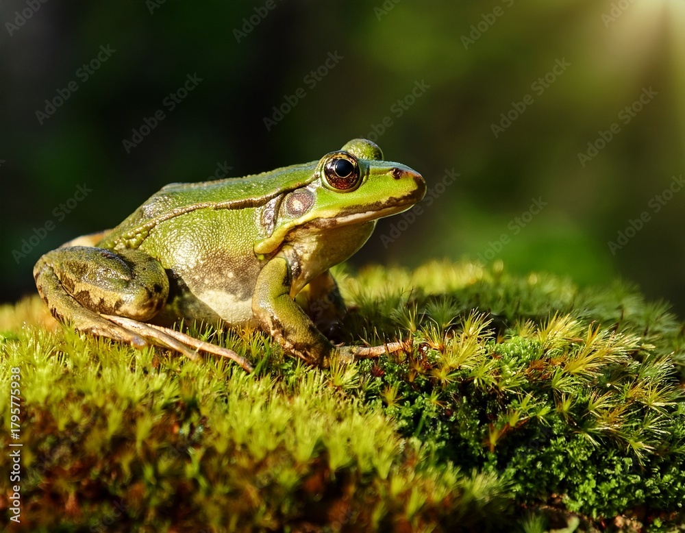 Fototapeta premium green frog on mossy patch sunlit