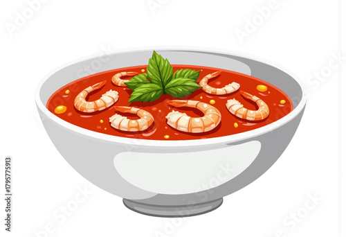 Illustration of a White Bowl with Vibrant Red Soup Garnished with Fresh Basil Leaves and Featuring Plump Shrimp Floating on the Surface