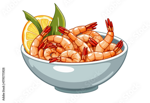 Illustration of Fresh Shrimp in a Bowl with Lemon Slices and Green Leaves on a Clean White Background