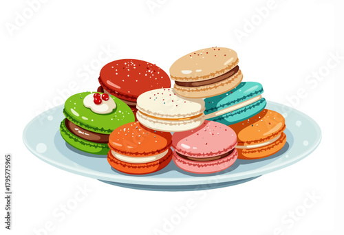 A delightful assortment of colorful macarons arranged on a round platter, showcasing various flavors and vibrant hues against a clean white background