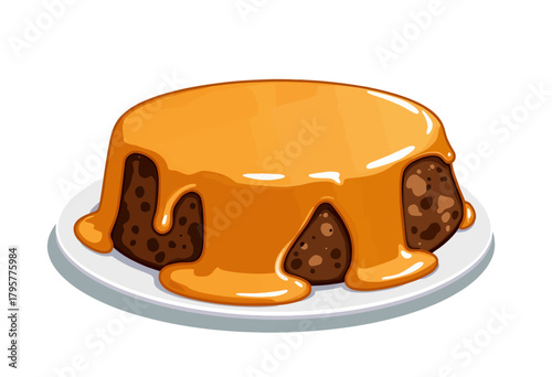 Delicious Illustration of a Caramel Sauce Covered Chocolate Dome Cake on a Plate Highlighting Its Sweet and Rich Dessert Appeal