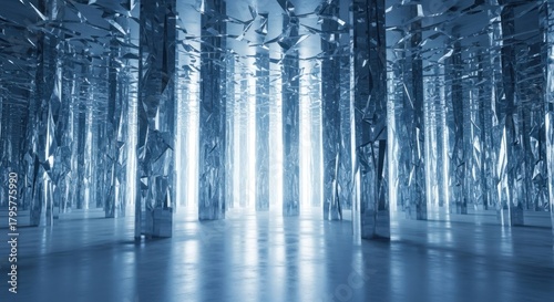 Futuristic Hallway with Reflective Pillars and Bright Light.
