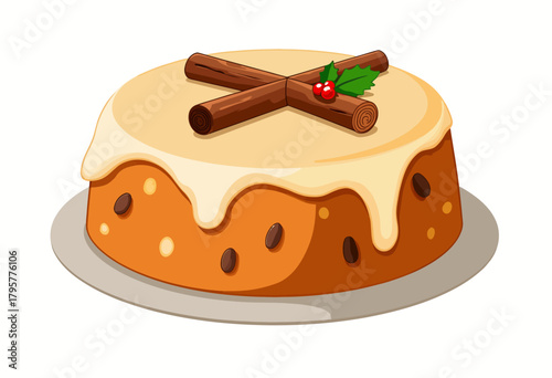 Illustration of a delicious holiday cake with creamy frosting, cinnamon sticks, berries, and festive holly leaves on a white background, showcasing seasonal dessert charm.