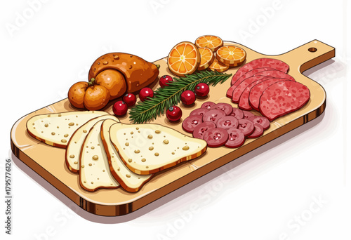 Illustrated Charcuterie Board Featuring Slices of Meat, Cheese, Citrus, Berries, and Bread on a Wooden Serving Platter