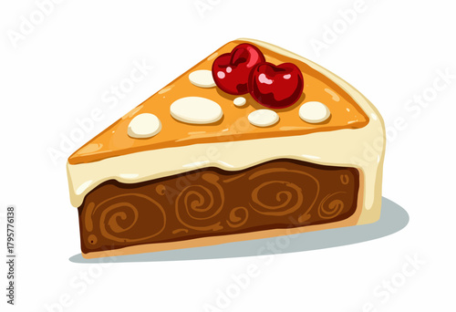 A delectable slice of cheesecake topped with cherries and intricate decorative patterns, highlighting its creamy texture and enticing visual appeal