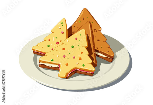 Festive tree-shaped gingerbread cookies decorated with colorful icing and sprinkles on a white plate celebrating a joyful holiday season