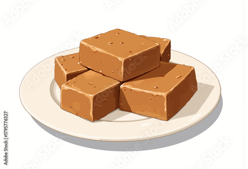 Delightful Illustration of Creamy Caramel Fudge Squares Neatly Arranged on a Simple White Plate in a Detailed and Realistic Artistic Style