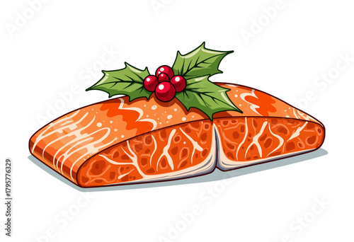 Illustration of Fresh Salmon Fillets Decorated with Holly and Berries for a Festive Culinary Presentation