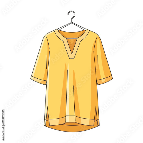 Yellow vneck tunic top with short sleeves and side slits, hanging on a hanger, isolated on a