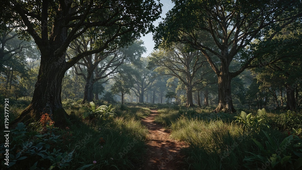 Naklejka premium A forest trail with large trees providing shade, surrounded by lush greenery. Nature and woodland scene. Tranquil outdoor environment. The setting of a peaceful forest walk.