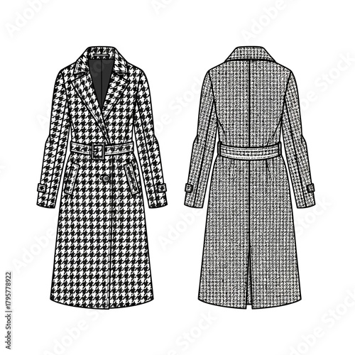 Fashion illustration of a houndstooth patterned trench coat, shown from front and back views