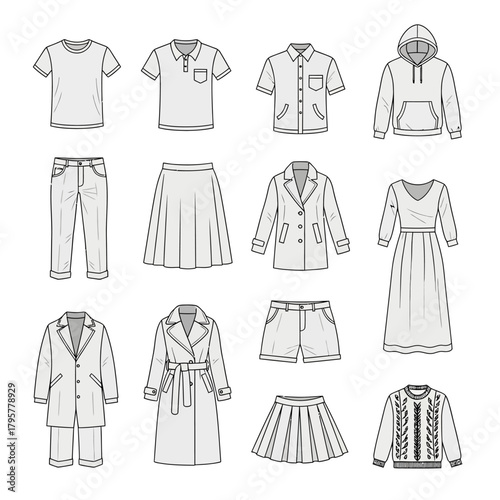 Collection of mens and womens clothing and footwear, including tshirts, shirts, hoodies, jackets, coats, dresses, Adobe Illustrator Artwork