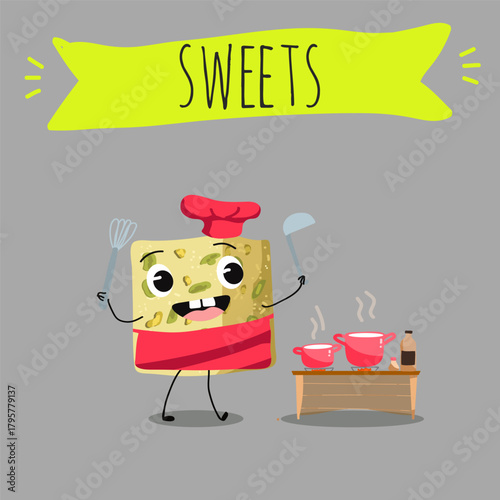 Funny Characters Turkish Halva confection, cubes with pistachio nut, layered chocolate tahini oriental dessert, hand drawn vector illustration.