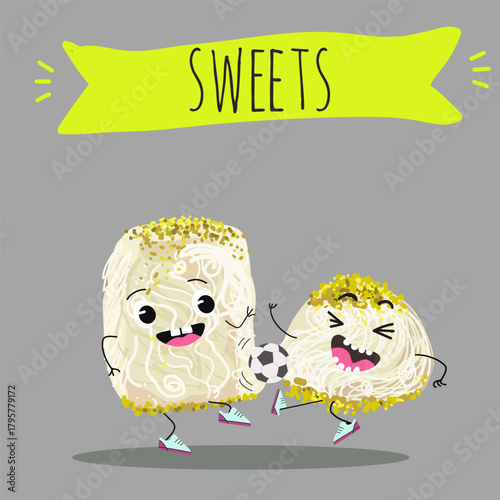 Funny Characters Turkish Halva confection, cubes with pistachio nut, layered chocolate tahini oriental dessert, hand drawn vector illustration.