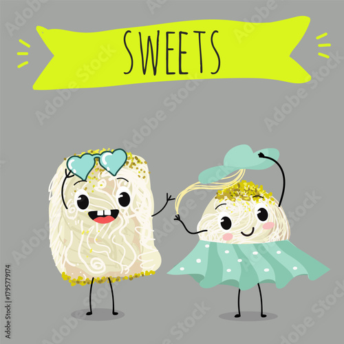 Funny Characters Turkish Halva confection, cubes with pistachio nut, layered chocolate tahini oriental dessert, hand drawn vector illustration.
