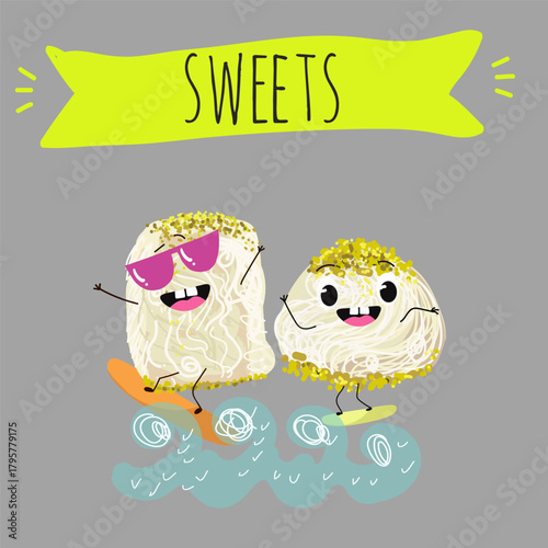 Funny Characters Turkish Halva confection, cubes with pistachio nut, layered chocolate tahini oriental dessert, hand drawn vector illustration.