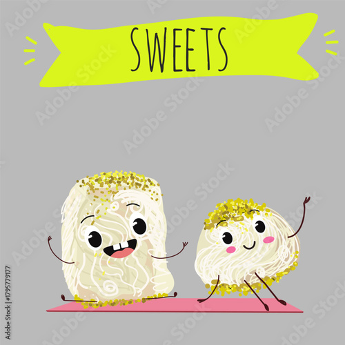 Funny Characters Turkish Halva confection, cubes with pistachio nut, layered chocolate tahini oriental dessert, hand drawn vector illustration.