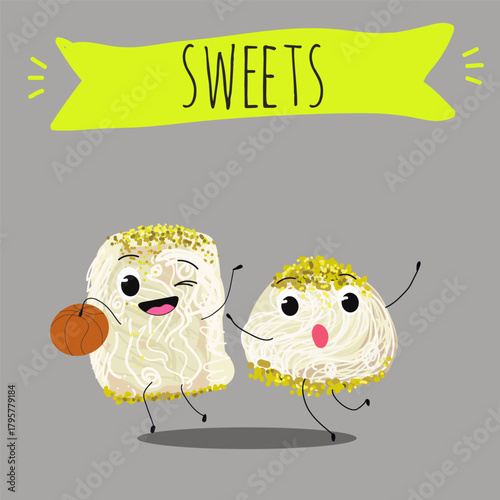 Funny Characters Turkish Halva confection, cubes with pistachio nut, layered chocolate tahini oriental dessert, hand drawn vector illustration.