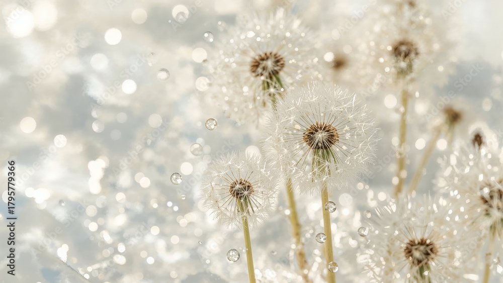 Obraz premium Dandelions with seeds dispersing in the air, sparkling background, close-up shot. Nature and springtime, seeds and fluff, airy and delicate. The beauty of dandelions in the breeze.