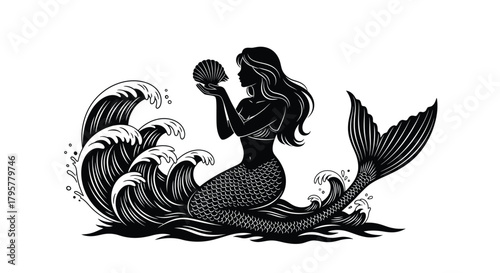 Mermaid holding shell amidst ocean waves water