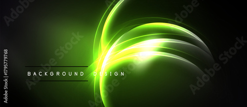 Bright neon curves radiate from central point. Dark background enhances glowing effect, creating modern visual.