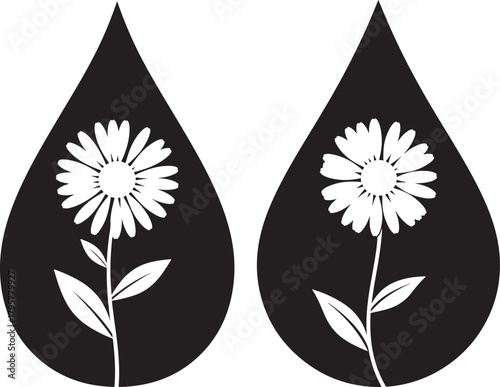 Two black teardrop shapes containing white daisy flower silhouettes