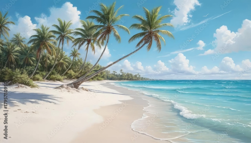Fototapeta premium Tropical beach paradise with palm trees, white sand, and turquoise water under a blue sky