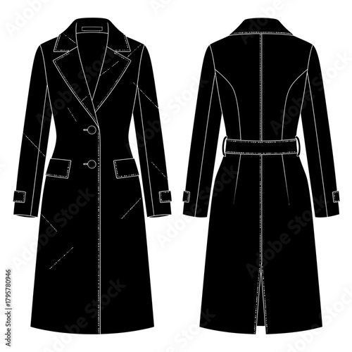 Front and back view of a black trench coat, featuring a belted waist, doublebreasted closure, and classic lapels, presented as a fashion flat sketch on a