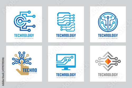 Electronic technology - vector logo set for corporate identity. Abstract chip sign. Computer network, internet concept illustration. Graphic design elements.