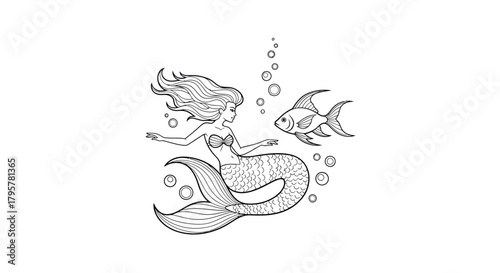 Mermaid with fish and bubbles ocean fantasy