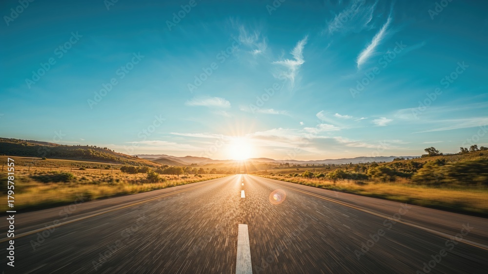 Naklejka premium Open road during sunrise with a clear sky, expansive landscape, and distant mountains.