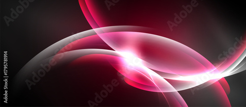 Abstract flowing shapes, vibrant pinks, whites against dark background. Dynamic energy, smooth curves create modern visual impact.