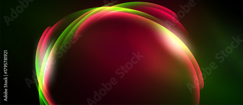Abstract vibrant swirls, red dominating, green accents. Light radiates from center, dark background creates contrast. Smooth gradients define form.