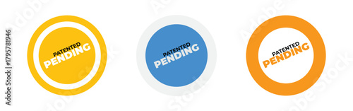 Patented and pending circle stamp set vector design in blue, orange and yellow approval badges