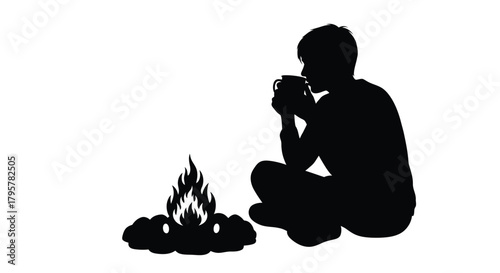 Person drinking by campfire vector