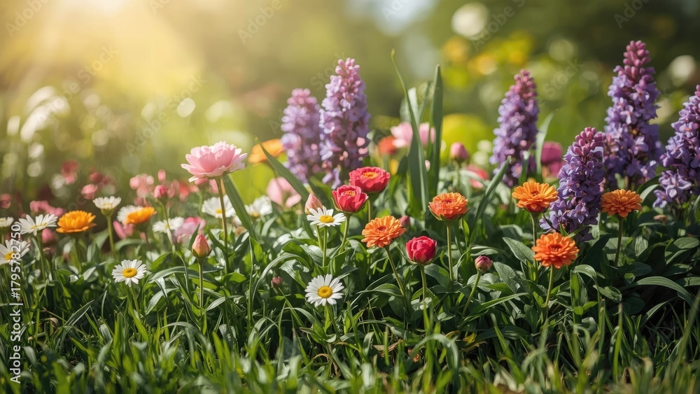 Obraz premium Colorful flowers in a garden with sunlight, including daisies, roses, and other blooms, creating a vibrant and lively floral scene.