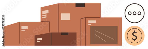 Cardboard boxes in varied sizes stacked together, complemented by pricing and action icons. Ideal for logistics, delivery, e-commerce, packaging, supply chain, warehouse management, simple flat