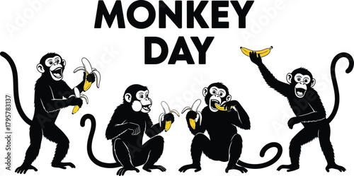 Illustration of monkeys eating bananas for Monkey Day