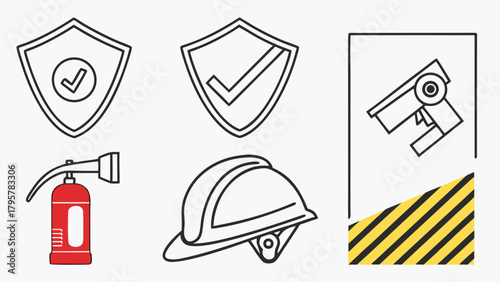 Illustration of safety equipment including shields, extinguisher, hard hat, and clamp