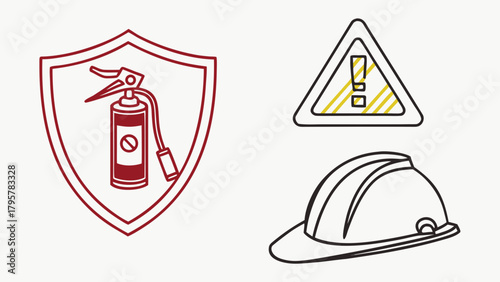 Illustration of a fire extinguisher shield warning sign and hard hat safety equipment icon