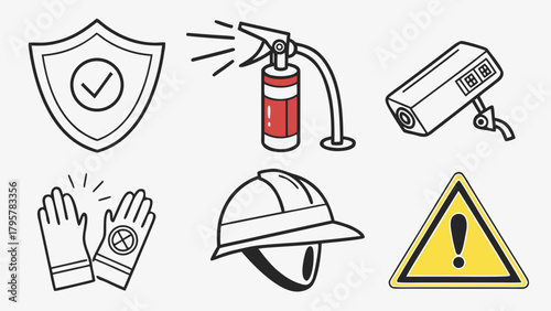 Illustration of safety equipment including a shield, extinguisher, and hard hat icon set