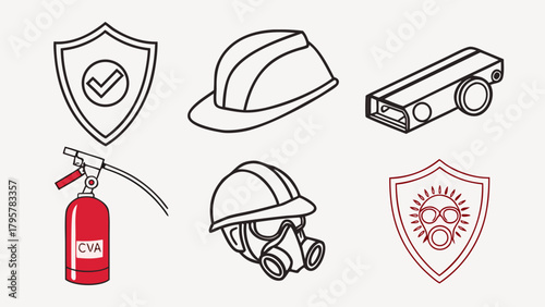 Illustration showing safety equipment including shields, hard hats, gas mask and extinguisher