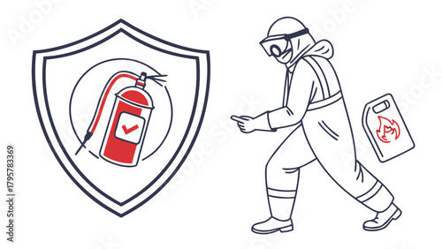Illustration of a person in protective suit with fire extinguisher and flammable liquid can