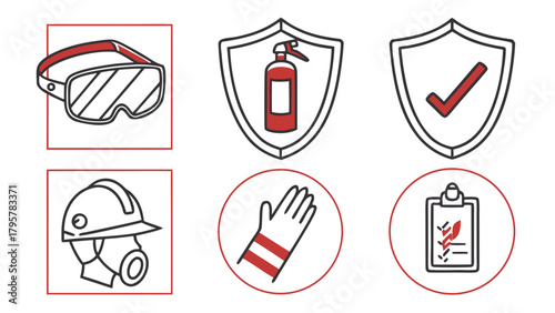 Illustration showing safety equipment including goggles helmet fire extinguisher and clipboard