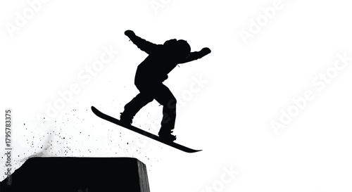 Snowboarder airborne mid jump silhouette black