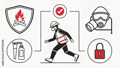 Illustration showing fire hazard shield, man with mask, gas mask, and safety equipment icons